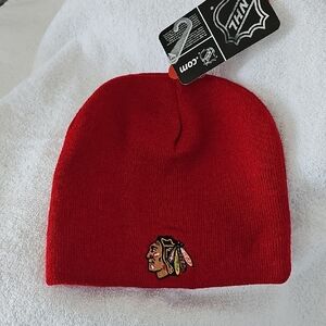 NHL Red Black Reversible Knit Beanie with Embroidered Black Hawks Logo